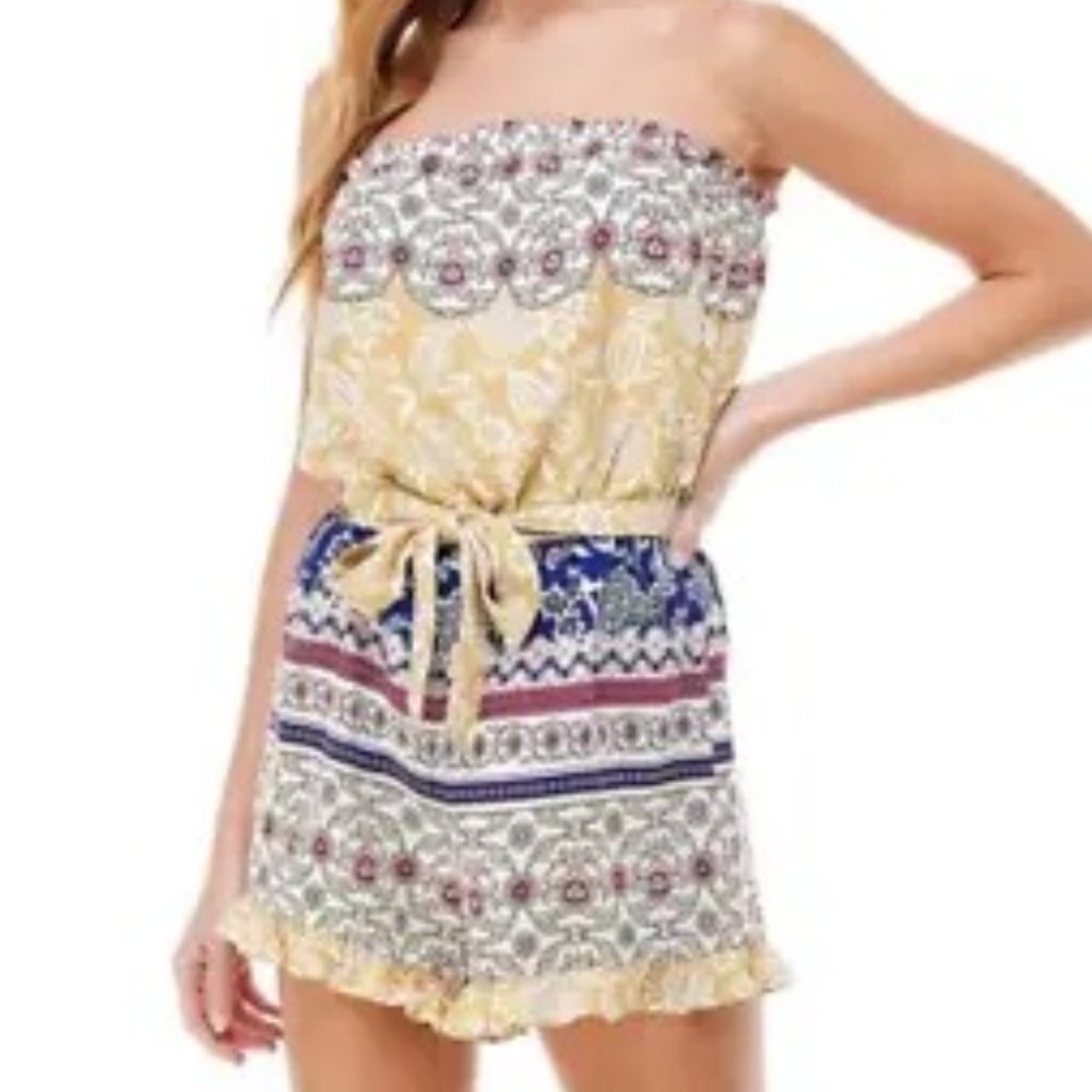 KINGSTON GREY Boho Colorful Floral Print Strapless Romper - Sz M Medium NWT